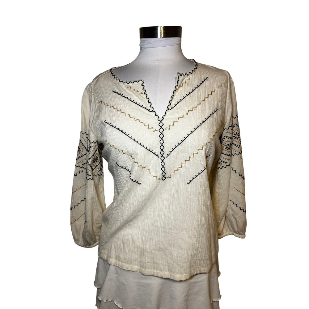 Madewell Womens XS Cream Embroidered Cotton Gauze Peasant Blouse Boho Top
